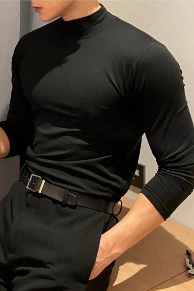 Men's Half Turtleneck Long Sleeve Slim Fit Lycra Oysho Fabric T-Shirt