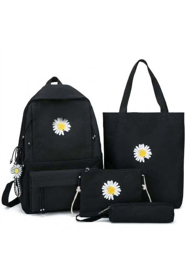 4-Piece Black School Bag Set with Daisy Print Backpack & Tote