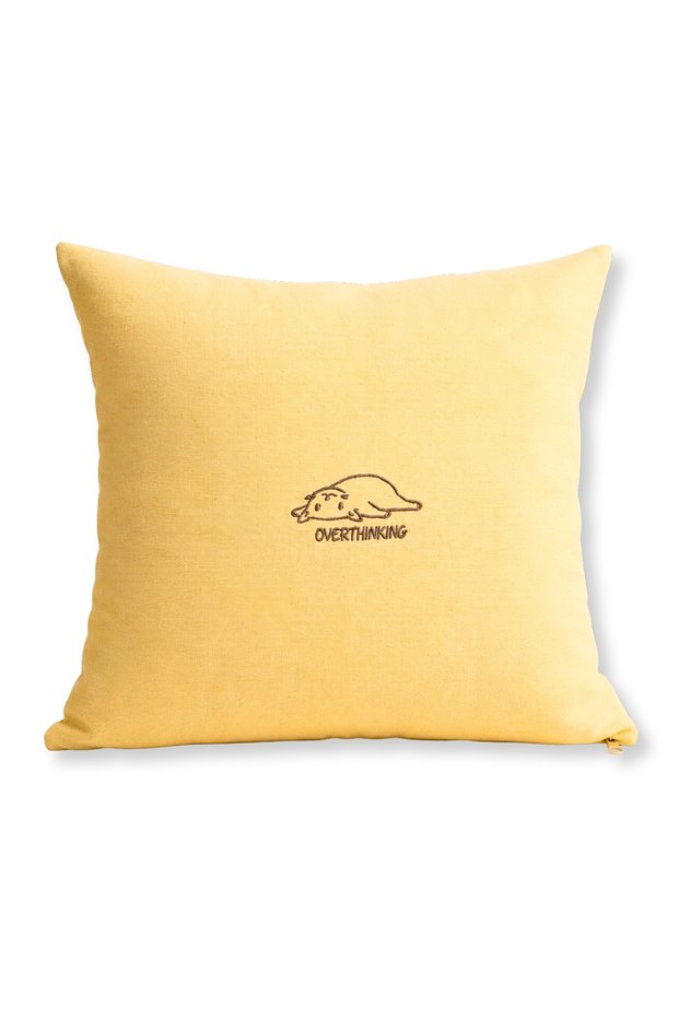 Overthinking Embroidered Yellow Linen Cushion Cover - Cat Embroidered Linen Cover