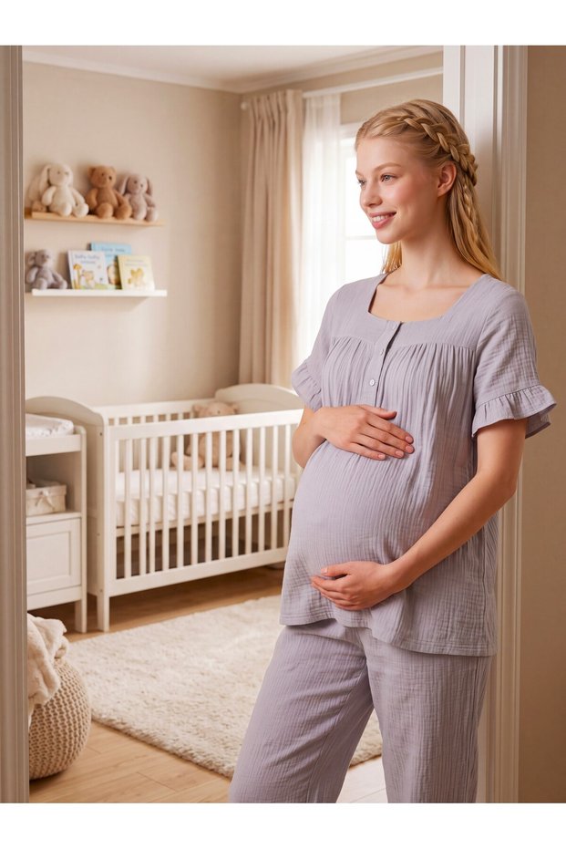 New Season Gray Muslin Fabric Special Design Short Sleeve 100% Cotton Maternity Pajama Set with Easy Breastfeeding Feature