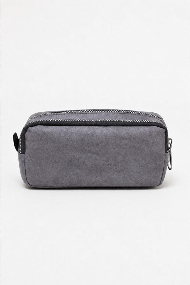 Double Compartment Faux Leather Pen Holder – Large Capacity Zippered Pencil Case Gray