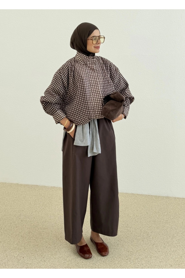 Brown Checkered Chiffon Bomber Jacket - 70166