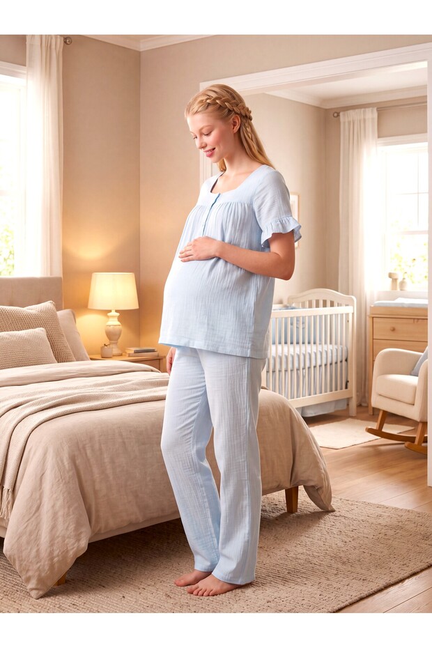 New Season Blue Muslin Fabric Special Design Short-Sleeved Maternity Pajama Set with Easy Breastfeeding Feature, 100% Cotton
