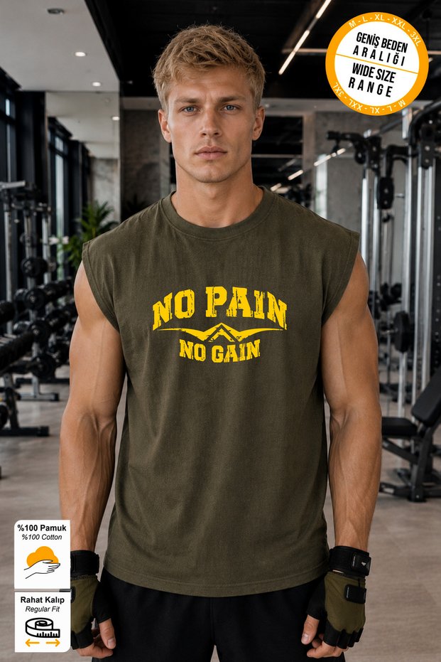 Khaki No Pain No Gain Printed Sports Athlete T-Shirt Crew Neck Cotton Single Jersey Fabric Men's
