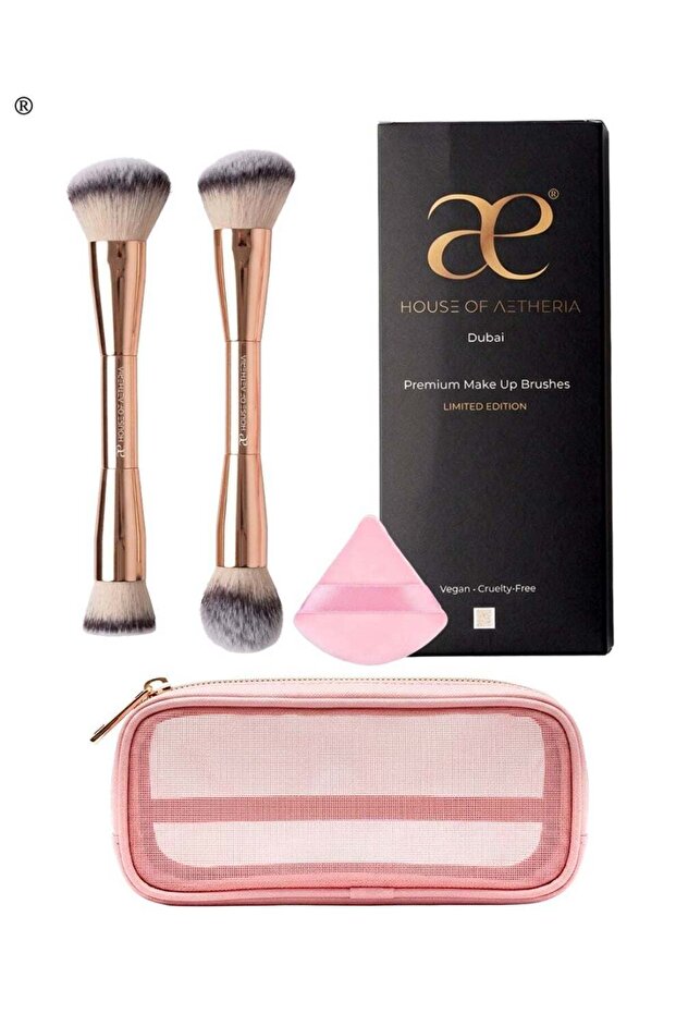 4 piece Luxury The Dubai Duo Gold Make Up Dual Sided Brush Set ,V Shape Puff , Pink Makeup Bag