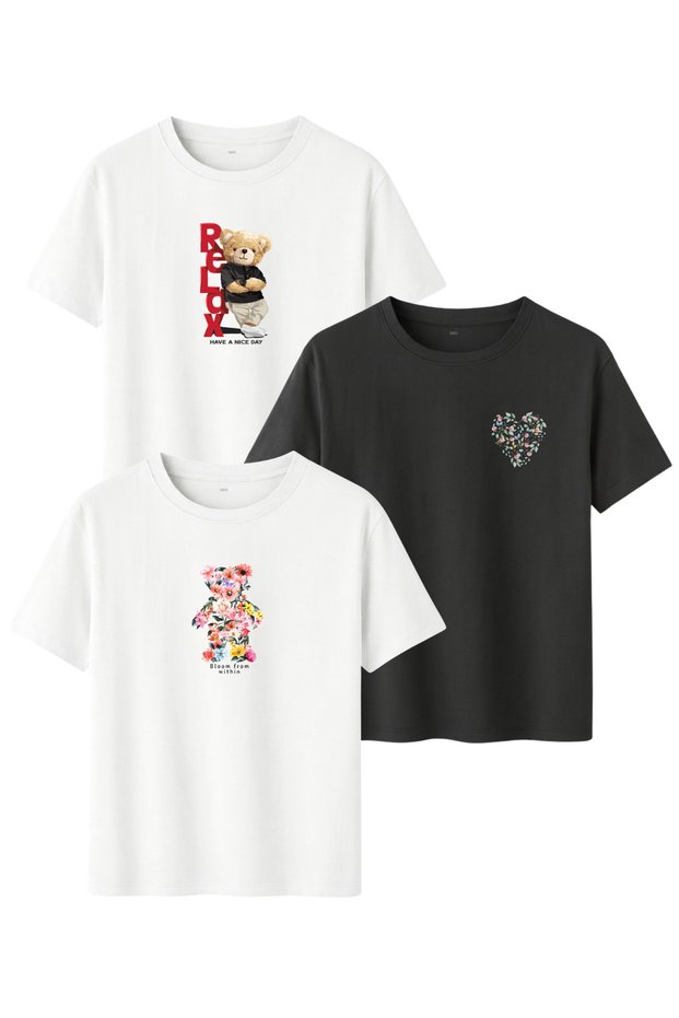 Women's 3-Piece Printed T-Shirt Set 100% Cotton White Smoked White