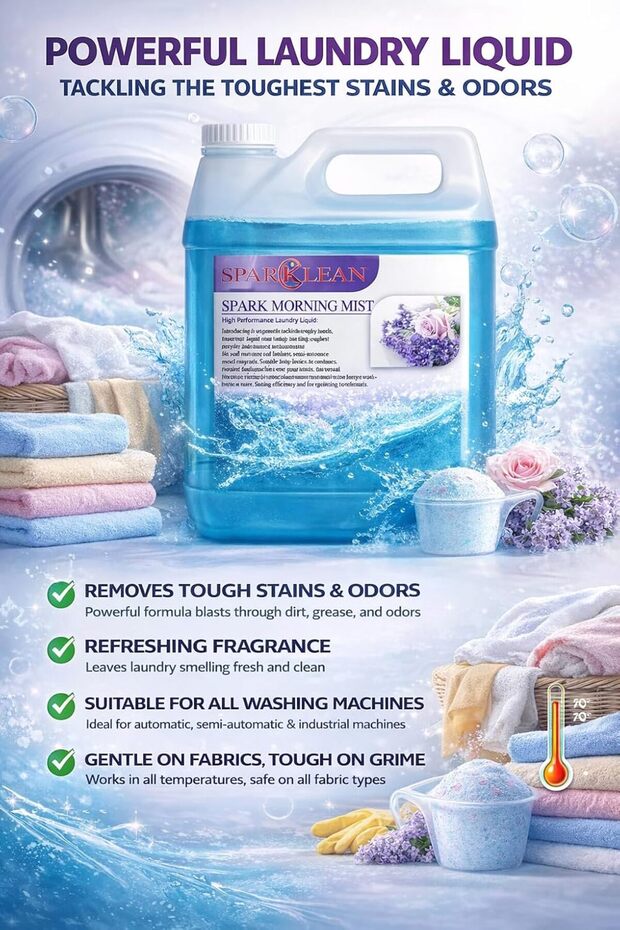 Laundry Detergent premium, for All Machines, Color Safe, Fresh Fragrance 5 Lts (SPARK MORNING MIST)
