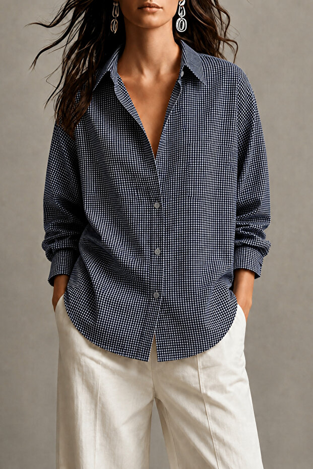 Women's Regular Oxford Fabric Micro Check Long Sleeve Button down Shirt