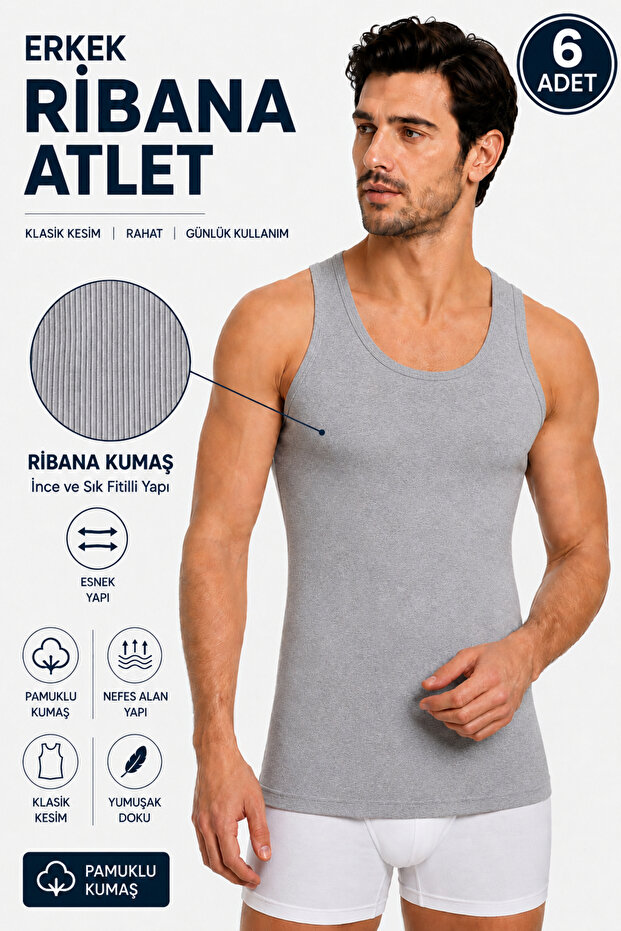 Men's Ribana Classic Undershirt 0102 (Tutku Authorized Seller) – Gray - 6 Pieces