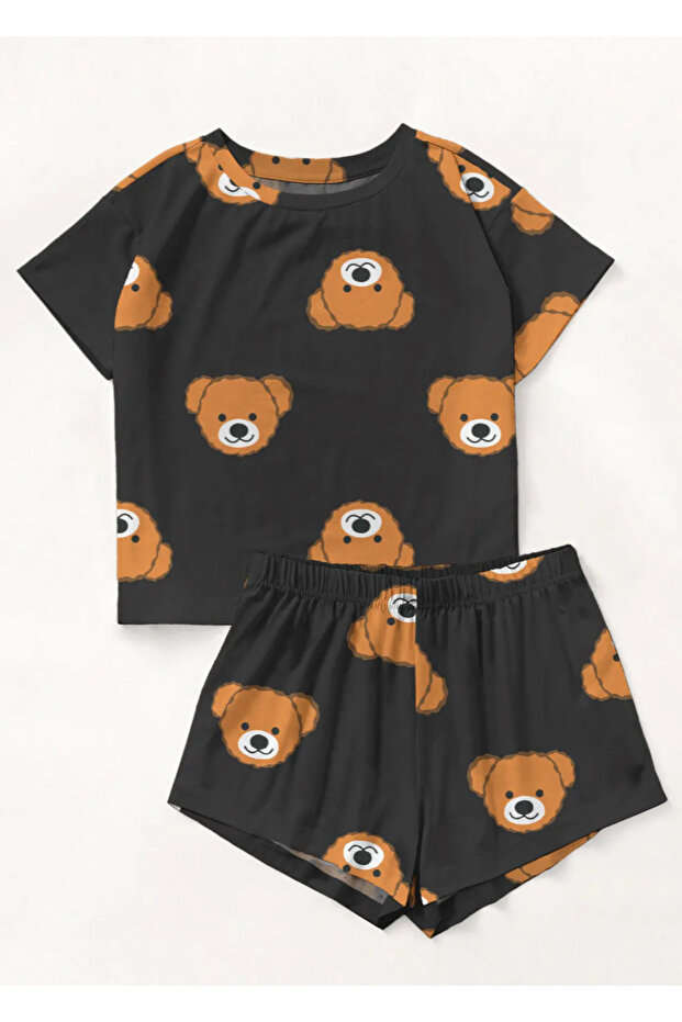 Brown Teddy Bear Patterned Shorts Pajama Set