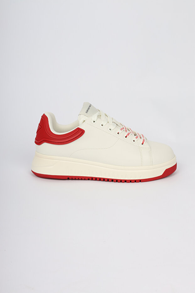 Men's Lace-Up Medium Thick Sole Leather Ecru-Red Sneaker