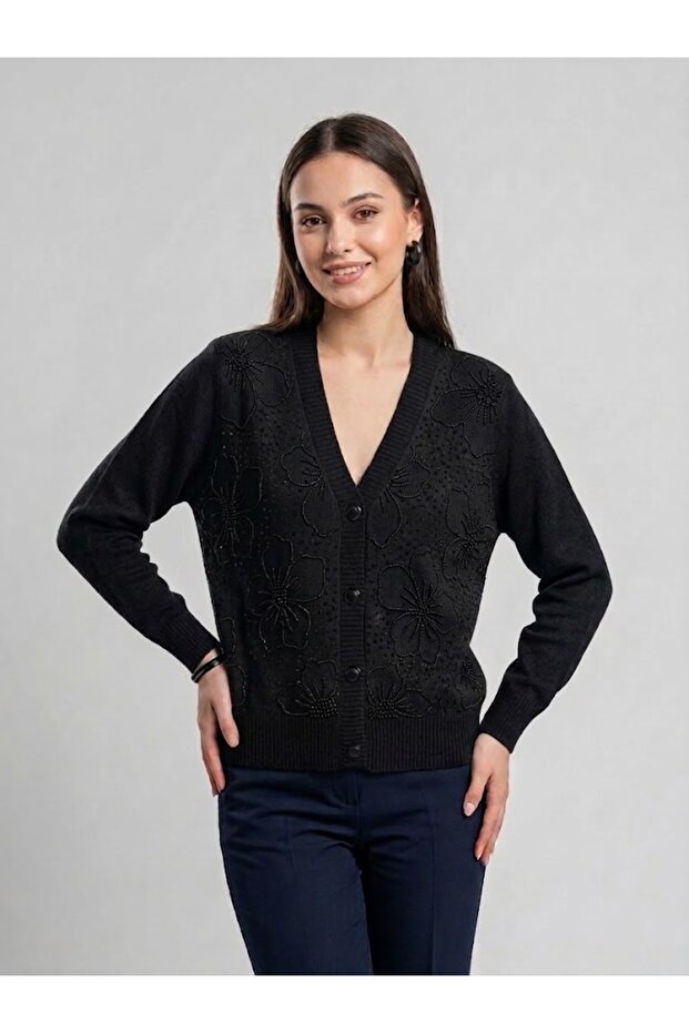V-Neck Beaded and Sequined Knitwear Cardigan 10905