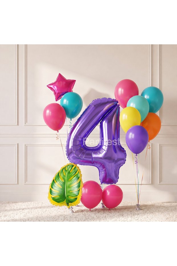 Purple Number Balloon Tropical Leaf Birthday Balloon Set for 4 Years Old Colorful Party Decoration 12 Pieces