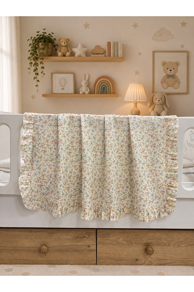 100% Cotton, Floral Pattern, Ruffled, Muslin Baby Blanket, Multi-Purpose Blanket, Swaddle, 100X100Cm, Baby Gift