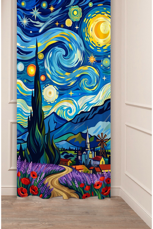 Van Gogh Starry Night Impressionist Touches Artistic and Classic Inspired Specially Designed Digital Printed Background Curtain