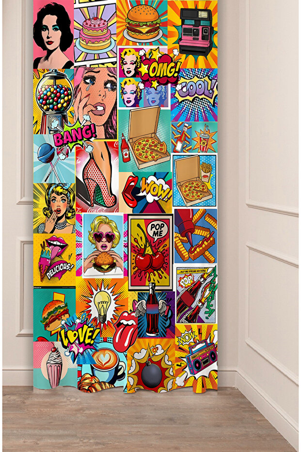 Pop-Art Comic-Style Collage Fun Icons Comic Vibes Collage Patterned Digital Printed Background Curtain