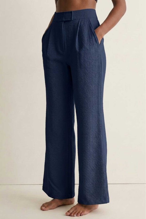 Navy Blue Women's High Waist Stretchy Textured Crepe Fabric Wide Leg Palazzo Trousers - Velcro Closure Detail