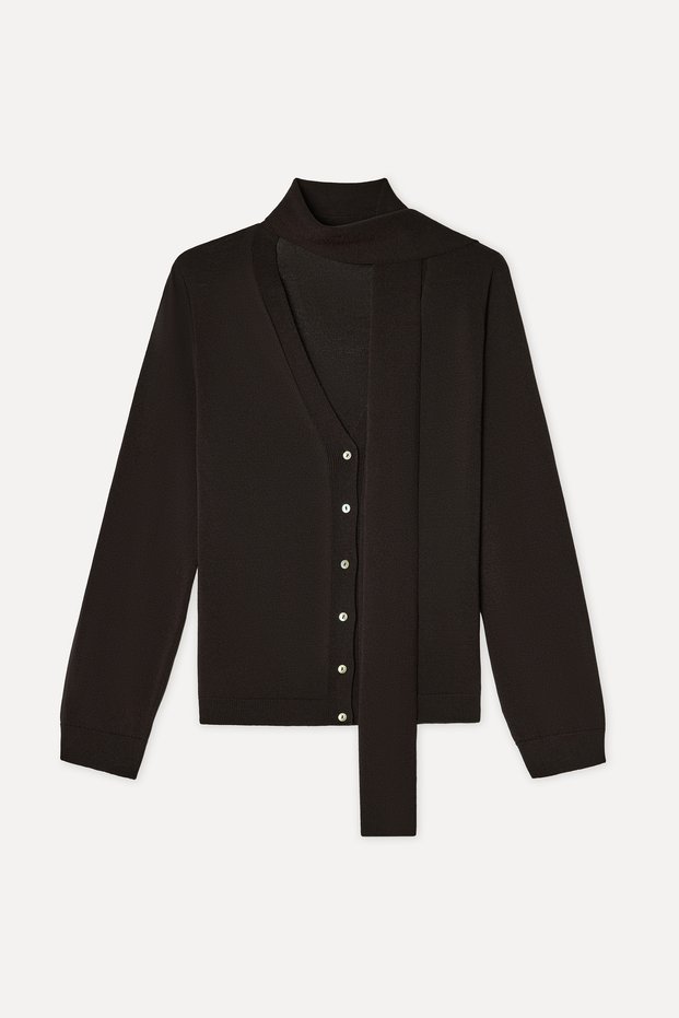 Women's Brown V-Neck Cardigan with Scarf Detail