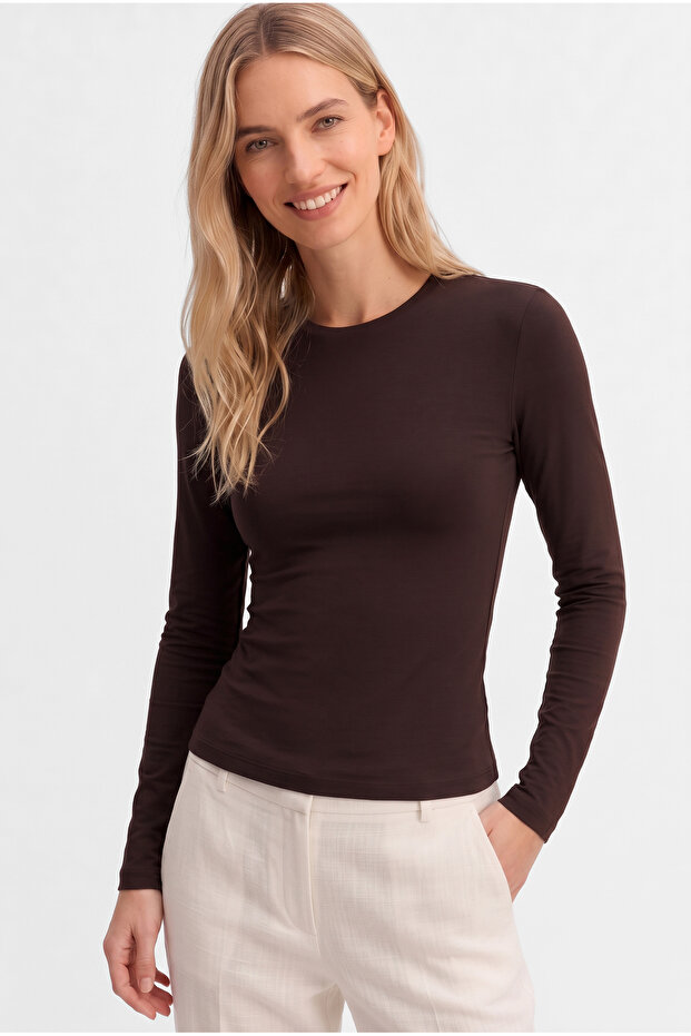 Brown Crew Neck Long Sleeve Modal Cotton Basic Blouse