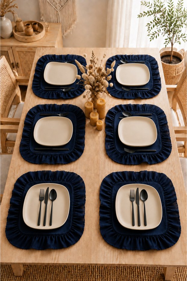 Firfirli Square 6-Piece Plate Set, American Style 35 Cm, Dark Blue Color
