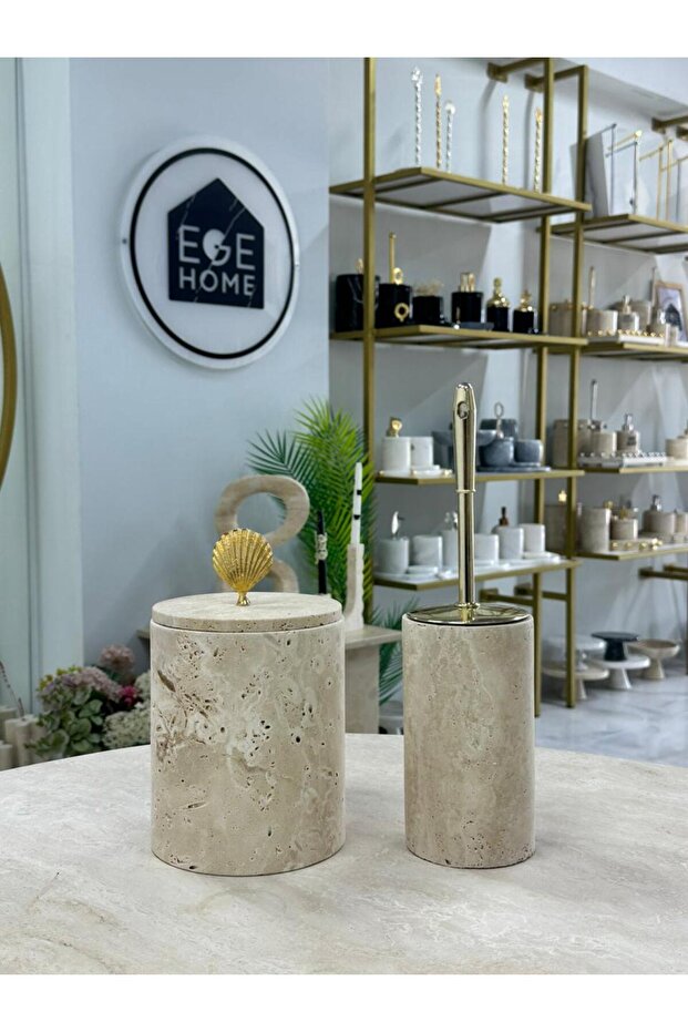 Decorative Natural Travertine Marble Trash Bin / Brush Gold Bathroom Set