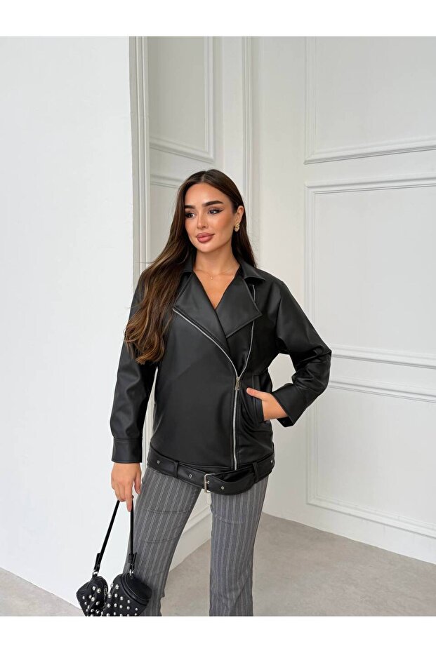 Women's Brown Faux Leather Zippered Biker Jacket with Belt Detail