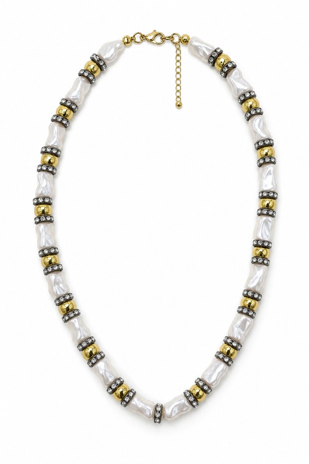 Stylish Design Baroque Pearl-Looking Steel Necklace with Yellow and Gray Detail