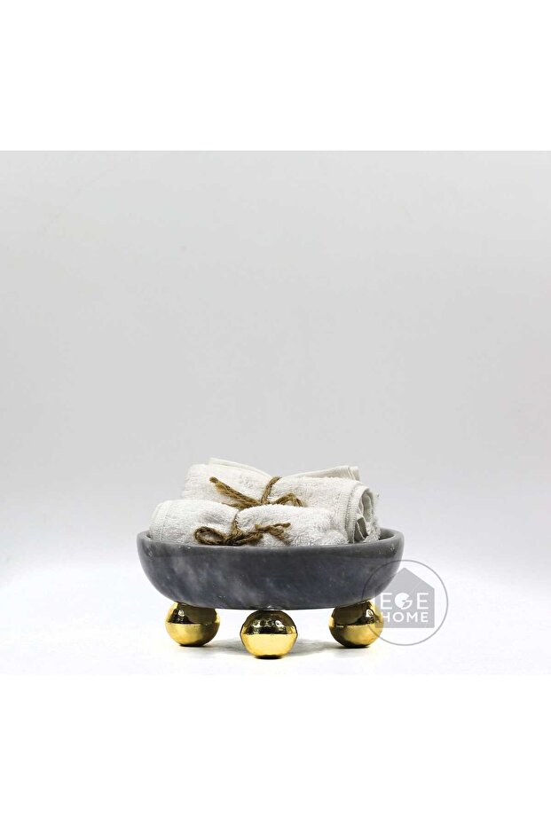 Decorative Natural Gray Marble Bowl with Gold Disco Ball Foot
