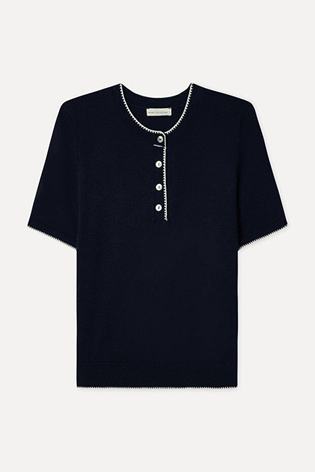 Women's Navy Blue Buttoned Crew Neck Short Sleeve Sweater