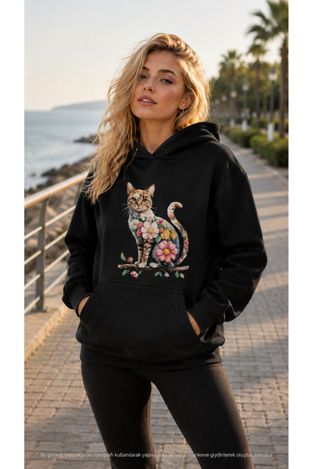Women's Floral Patterned Cat Printed Hooded Kangaroo Pocket Cotton Casual Sweatshirt