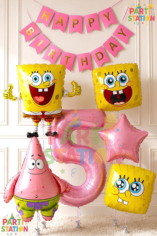 Spongebob Balloon & Patrick Concept Balloon Set for 5 Years Old - 7 Piece Spongebob Themed Happy Birthday Balloon Set with Banner
