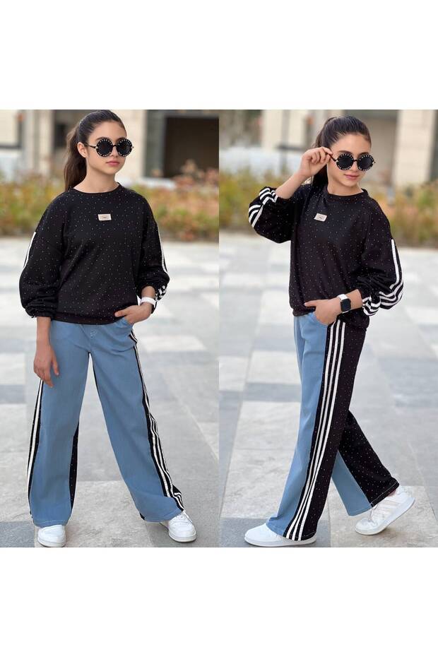 Girl's Striped Denim Detailed Stoned Double Set