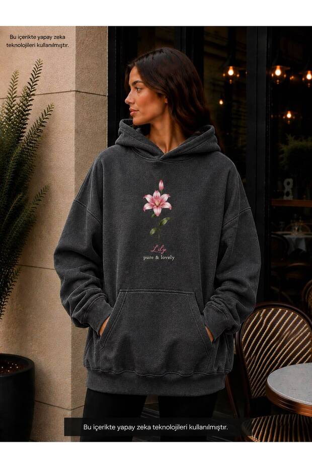 Women's Lily Flower Printed Hooded Kangaroo Pocket Cotton Casual Sweatshirt