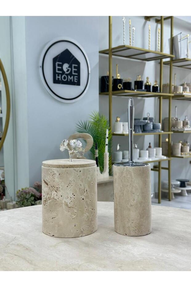 Decorative Natural Travertine Marble Trash Can / Brushed Silver Bathroom Set