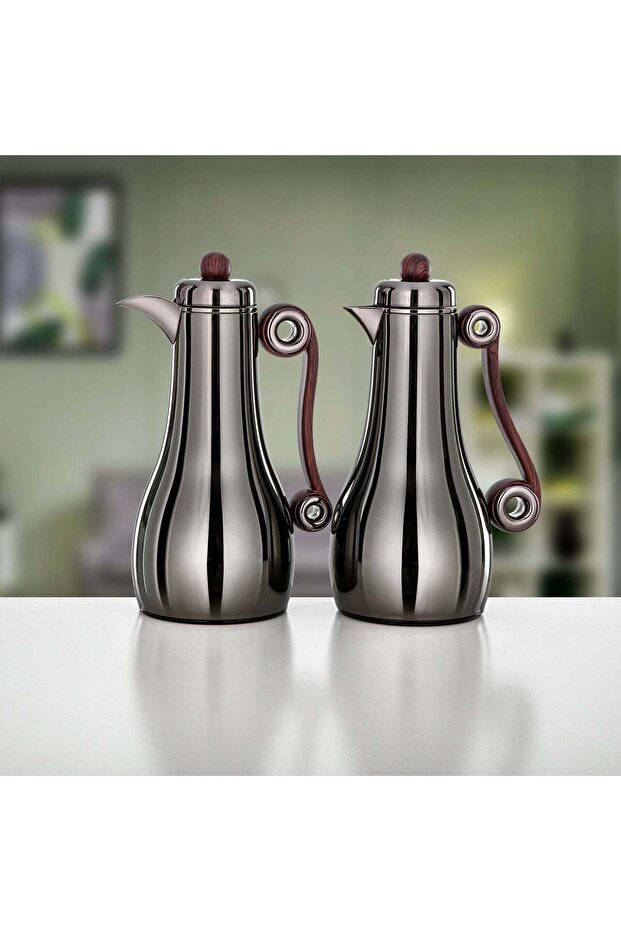 2 Pieces Vacuum Flask Set, Gun Black & Dark Wood