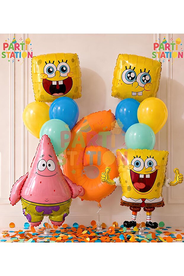 Spongebob & Patrick Concept Balloon Set 6 Years Old - 11 Piece Orange Number Balloon Spongebob Themed Birthday Set