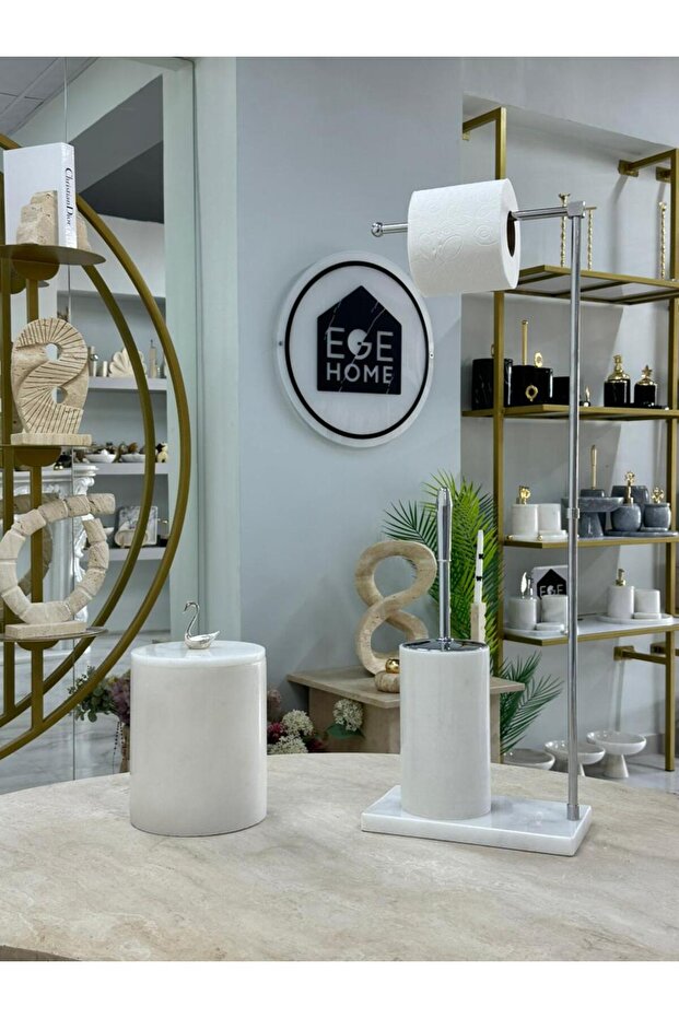 Decorative White Natural Marble Trash Can/ Toilet Brush Wc Towel Holder
