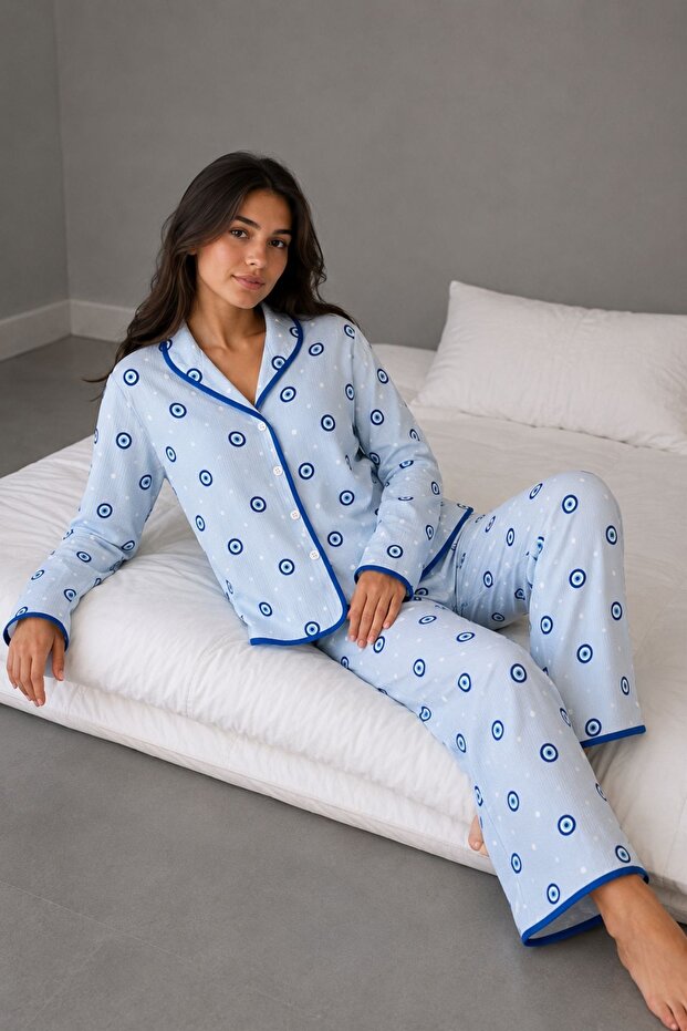Blue Evil Eye Bead Patterned Long Sleeve Pajama Set with Piping Detail