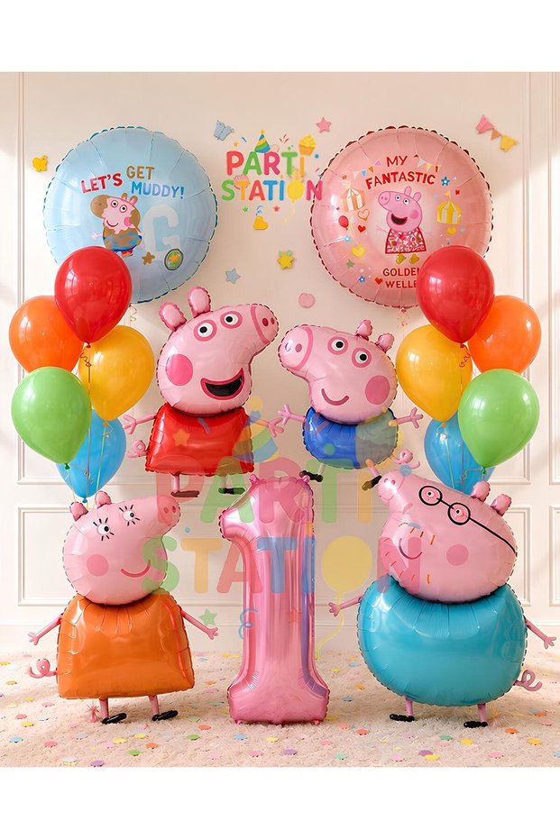 Peppa Pig & George Concept 1 Year Old - 17 Piece Foil Balloon Set Peppa Pig & George Pig & Mommy Pig & Daddy Pig Balloon Set