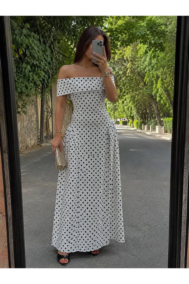 Polka Dot Madonna Collar Maxi Dress