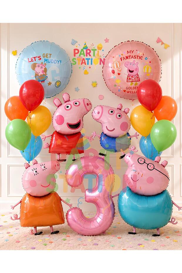 Peppa Pig & George Concept 3 Years Old - 17 Piece Foil Balloon Set Peppa Pig & George Pig & Mommy Pig & Daddy Pig Balloon Set