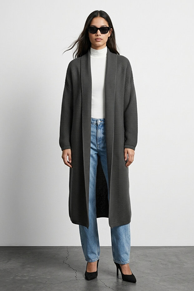 Zarc Soft Textured Comfortable Fit Low Long Sleeve Knitwear Women's Cardigan & Jacket & Hijab Cardigan - Smoked