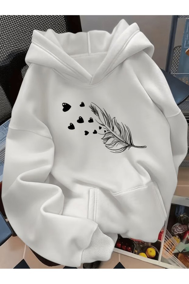 Feather Heart Detail Printed Premium Oversize 3 Thread Soft Hooded Sweatshirt Hoodie