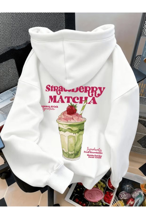 Strawberry Matcha Printed Premium Oversize 3 Thread Soft Hooded Sweatshirt Hoodie