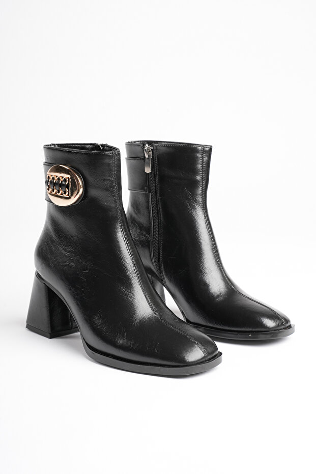 Women's Gold Buckle Detailed Thick Heeled Black Boots & Booties