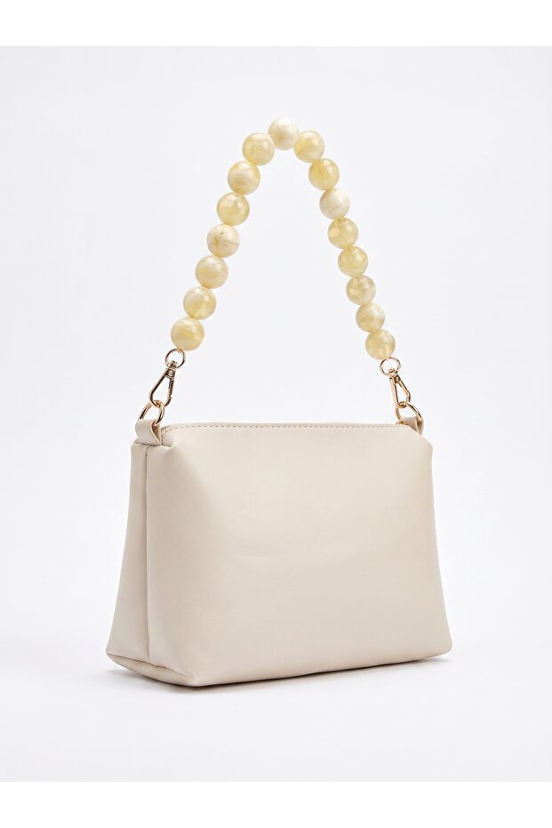 Women's Cream Bead and Chain Handle Shoulder and Hand Bag Stylish Design Baguette Handbag