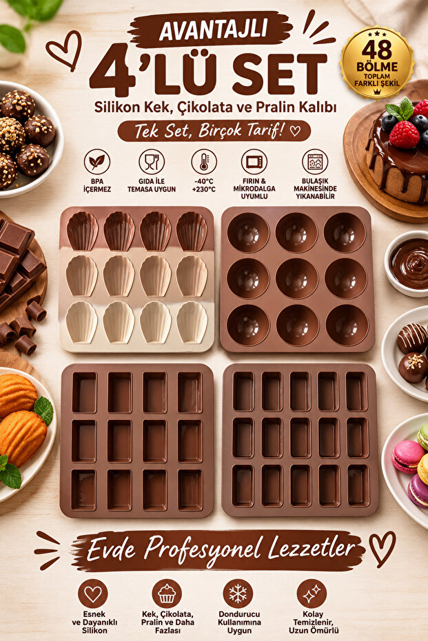 Set of 4 Silicone Cake, Chocolate, and Praline Molds | 12-Pack Sea Shell, 9-Pack Hemisphere, 12-Pack Baton, 15-Pack Mini Baton | Bpa Free, Fda Compliant
