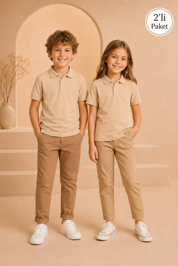 Children's Unisex 2-Piece Short Sleeve Polo Collar T-Shirt 100% Cotton Lakos - Beige