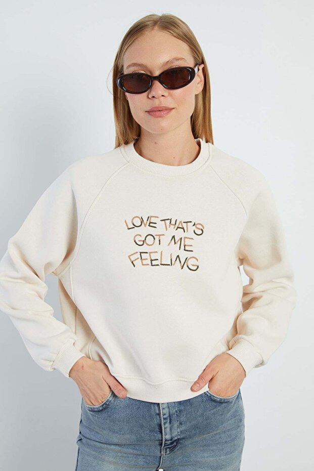 3 Thread Embroidered Lettering Raglan Sleeve Oversize Sweatshirt