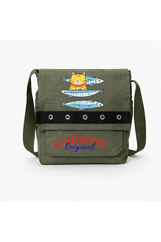 Sardines Printed Khaki Eyelet Messenger Bag